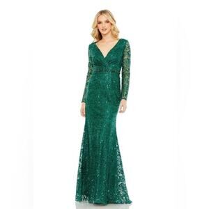 Mac Duggal #68016 Emerald Green Beaded Embroidery Illusion‎ Sleeve Dress Size 22